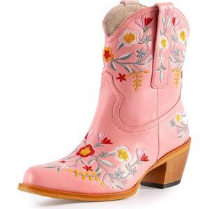 Women's Chunky Heel Ankle Snip Square Toe Flower Embroidered Western Pink Boot